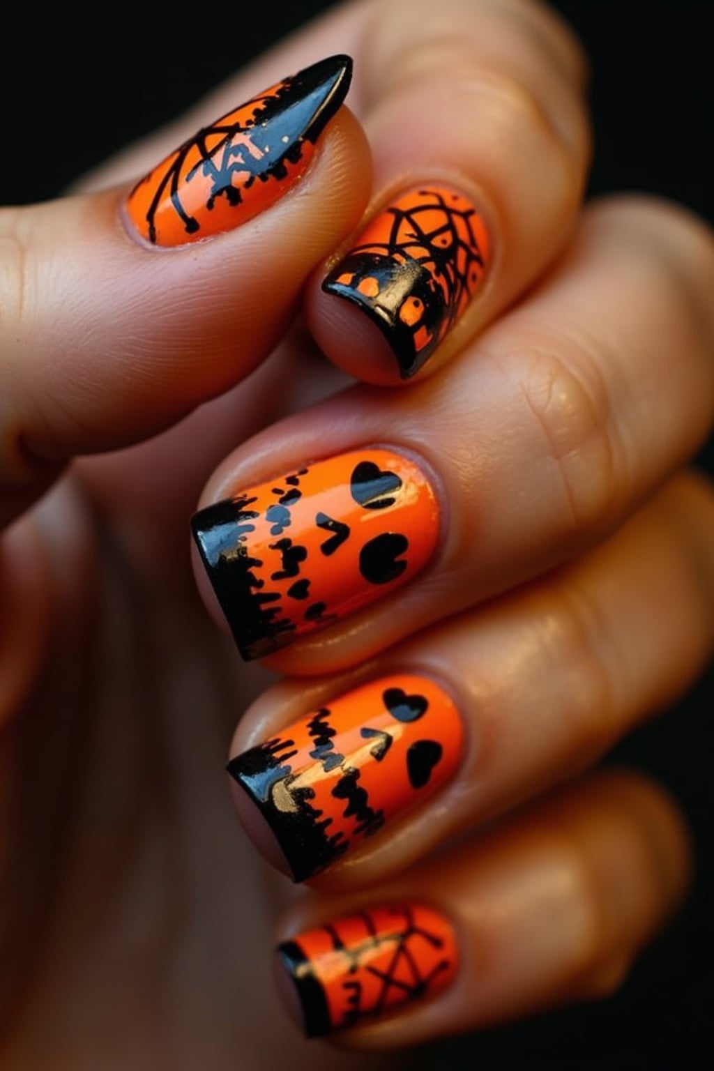 Halloween themed nails with jack-o-lanterns and spider webs, orange and black color scheme, dramatic studio lighting, artistic styling