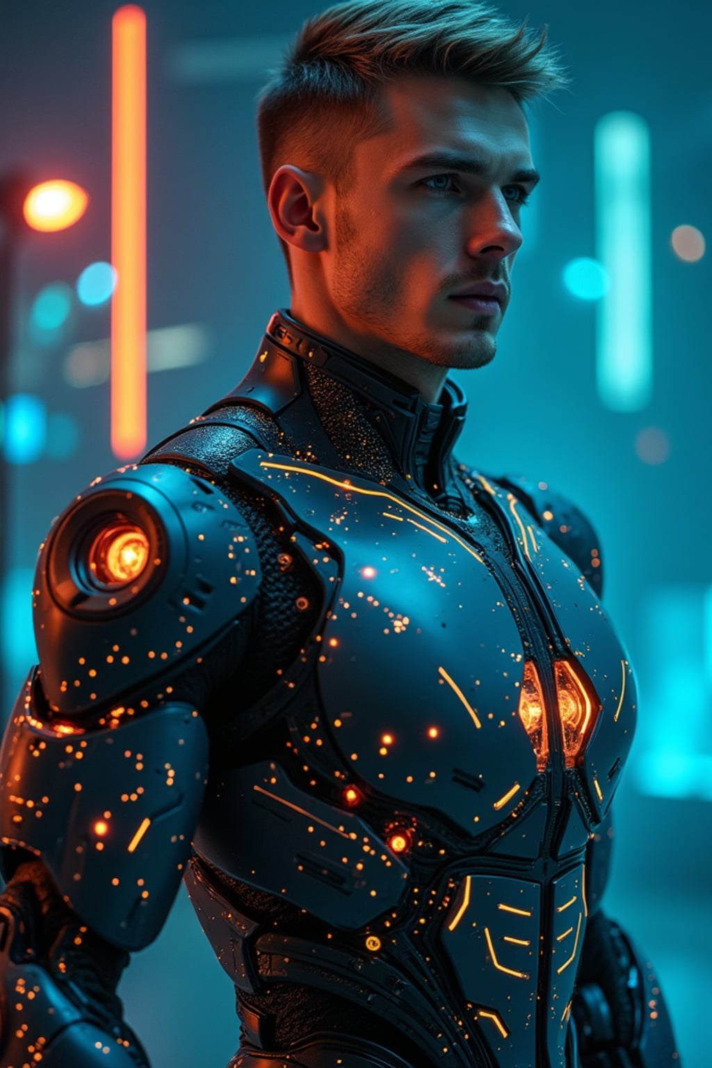 man as a futuristic AI, studio setup, wearing  a robotic exoskeleton with glowing circuits, sci-fi lighting and digital effects