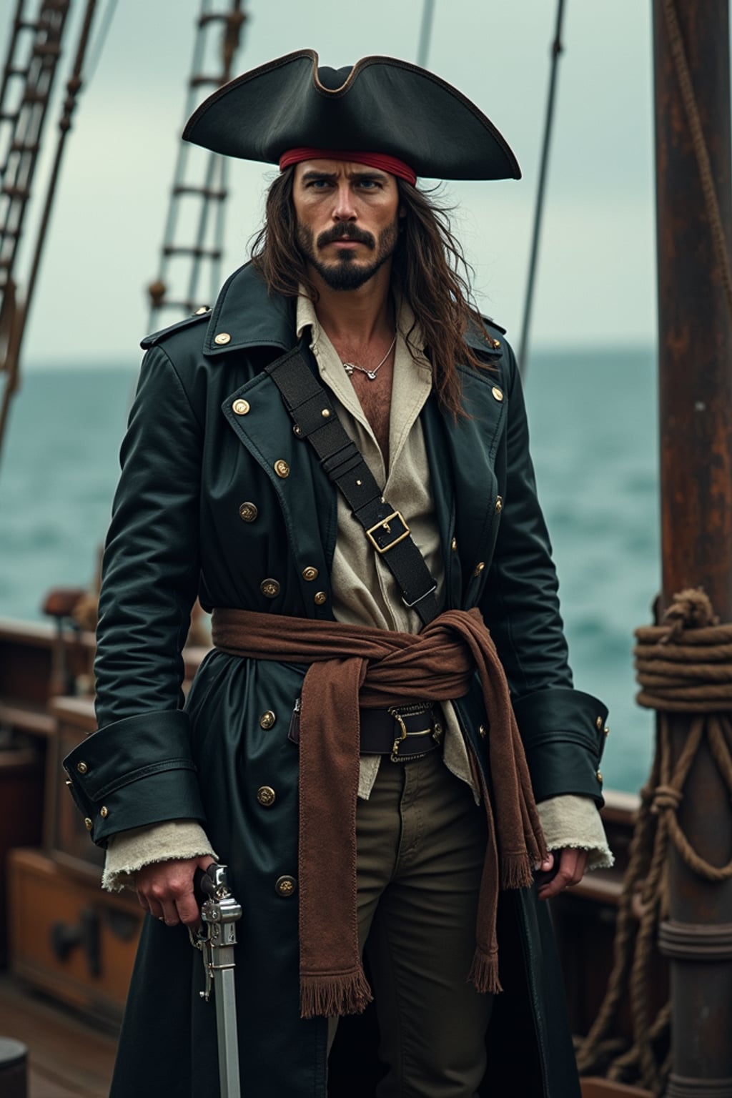 man as a pirate, on a ship deck set, wearing  a rugged pirate with a leather coat and pistol, dramatic ocean-themed props