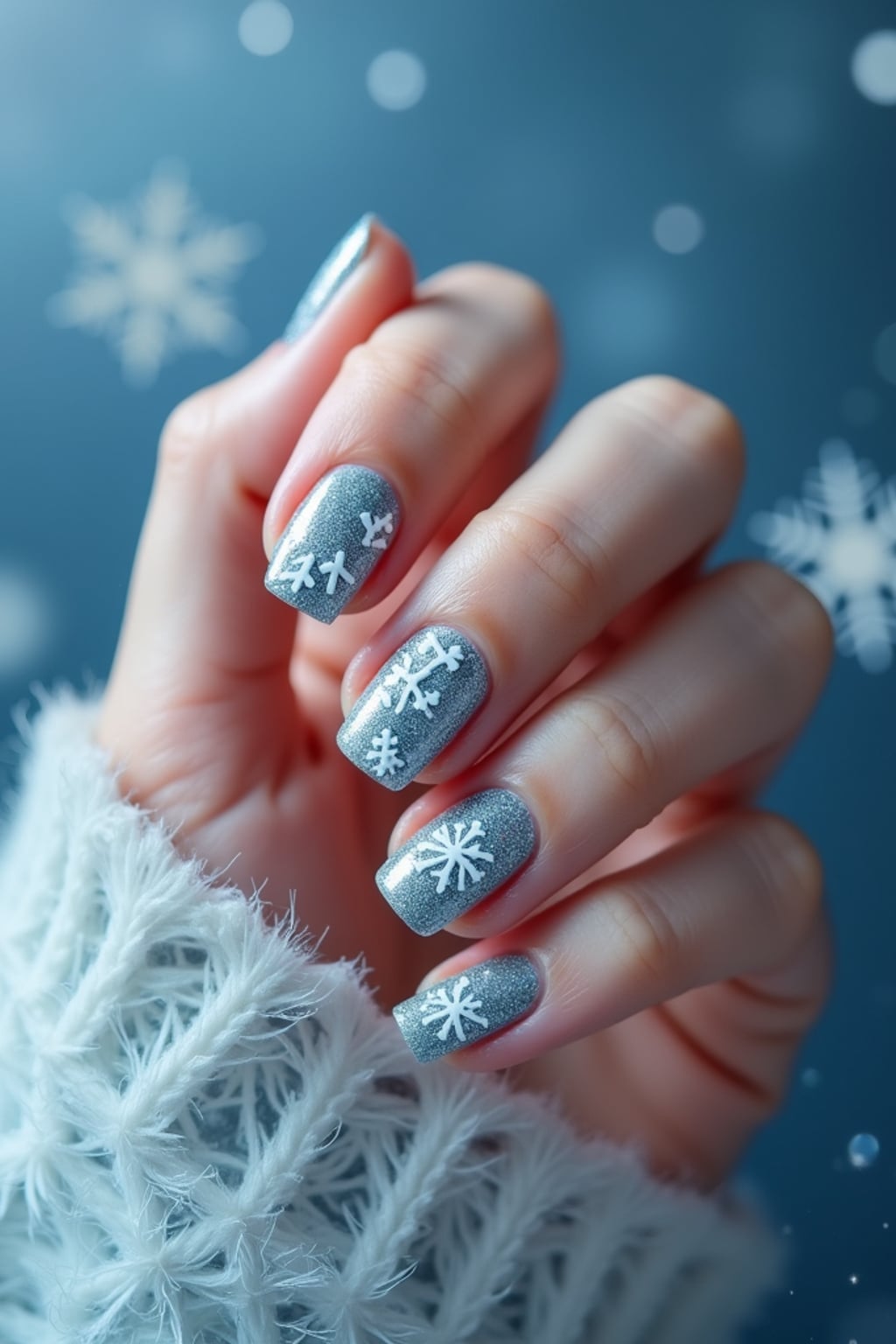 winter wonderland nails with 3D snowflakes and silver glitter, icy blue background, elegant hand posture, dramatic lighting setup