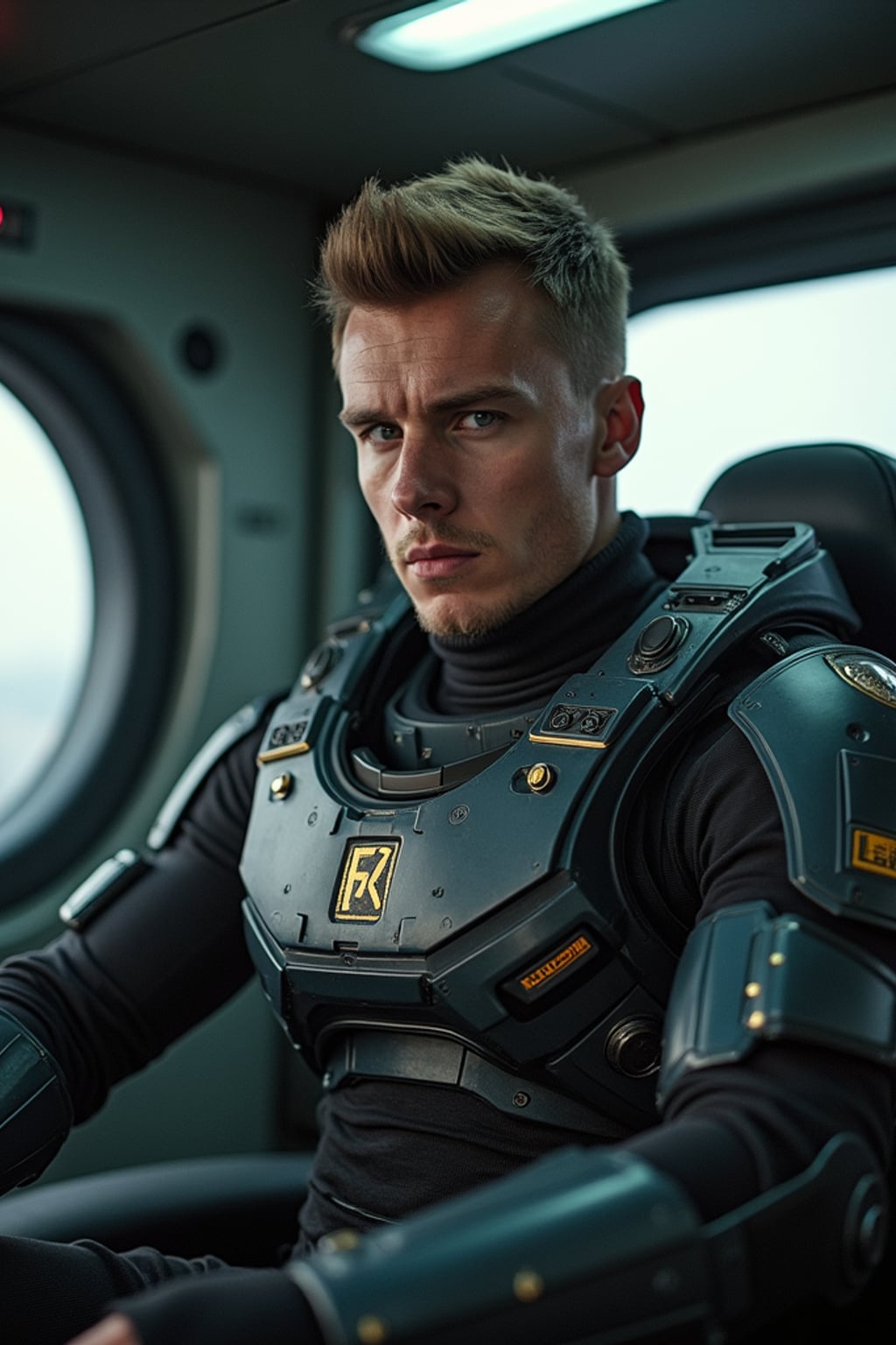 man as a mech pilot, studio setting, wearing  a rugged tactical suit with armor plates, dramatic lighting, cockpit background