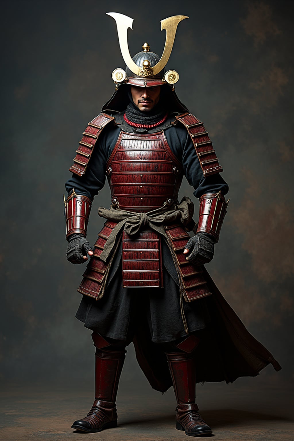 cosplayer man in a dynamic action pose, wearing  a samurai armor with intricate details, studio lights and dramatic backdrop