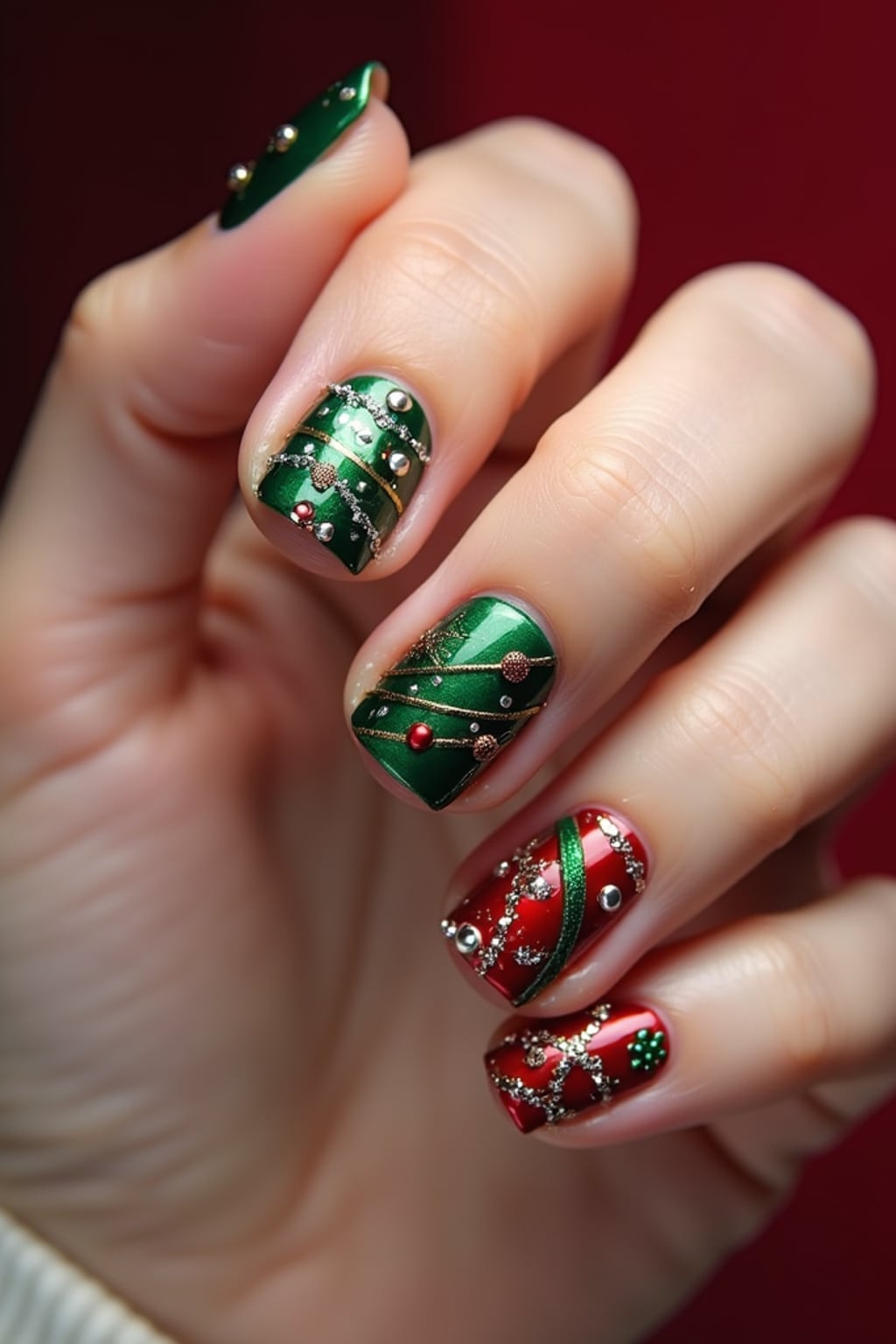 Christmas tree themed nails with tiny ornaments and glitter, festive red and green colors, elegant hand pose, holiday-inspired nail art
