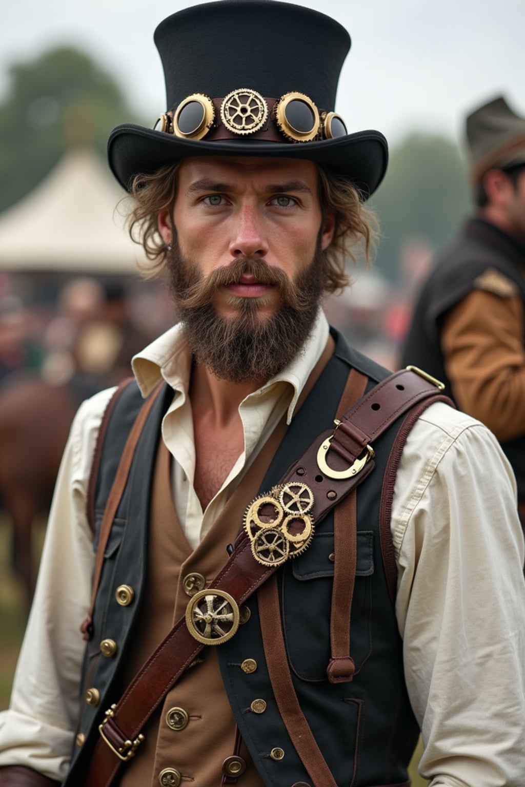 man as a steampunk adventurer, outdoors at a themed event, wearing  a vest with gears and a top hat, surrounded by steampunk props and gears