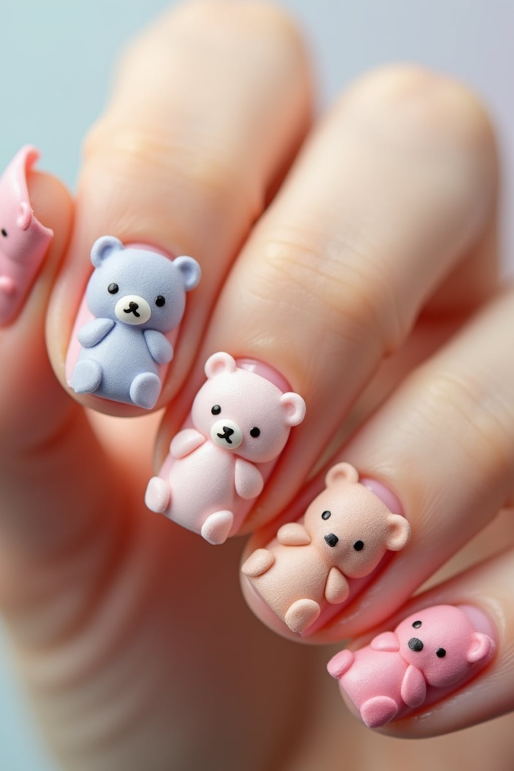 nails with adorable 3D teddy bear art, each nail featuring a different colored bear, soft pastel background, close-up detail shot