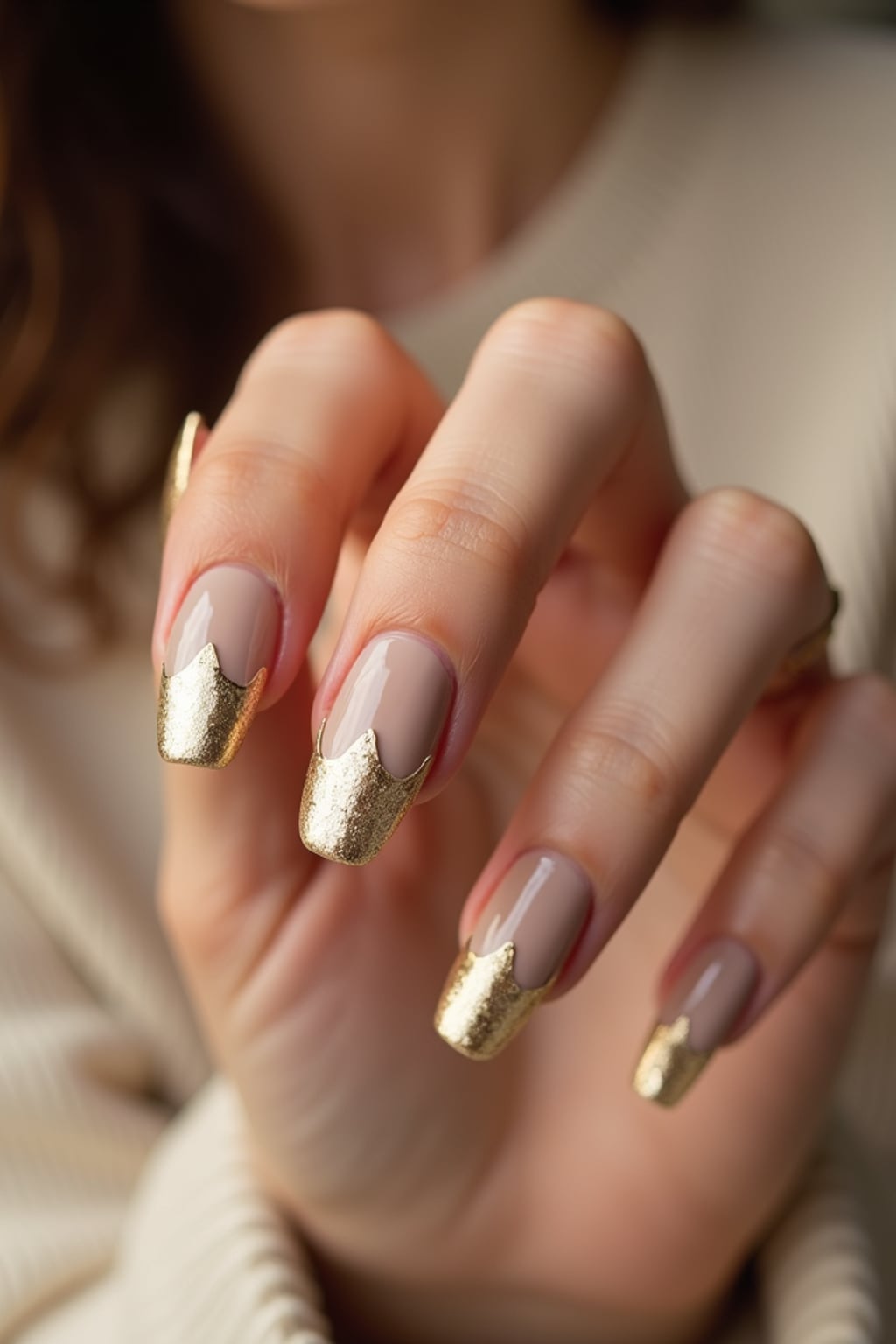 nude base nails with gold foil accents, macro shot, soft focus background, elegant hand pose, editorial-quality beauty photography, luxury vibe