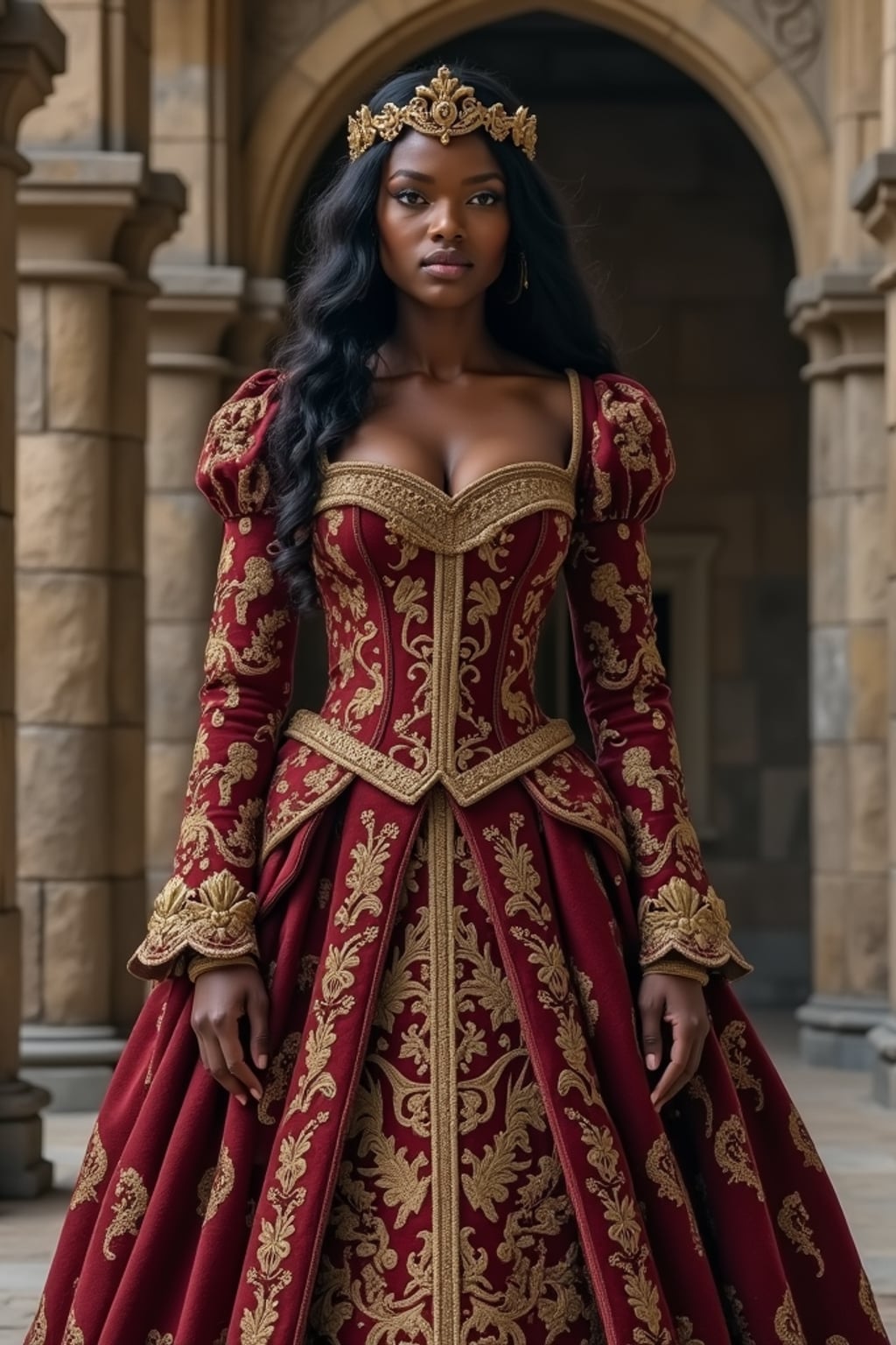 woman as a historical character, castle backdrop, wearing a medieval princess gown with intricate embroidery , posing regally