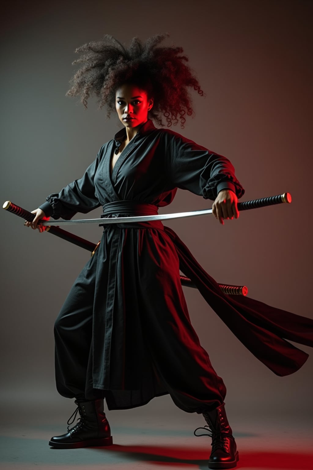 cosplayer woman in a dynamic action pose, wearing a ninja outfit with a katana and flowing sash , studio lights and dramatic backdrop