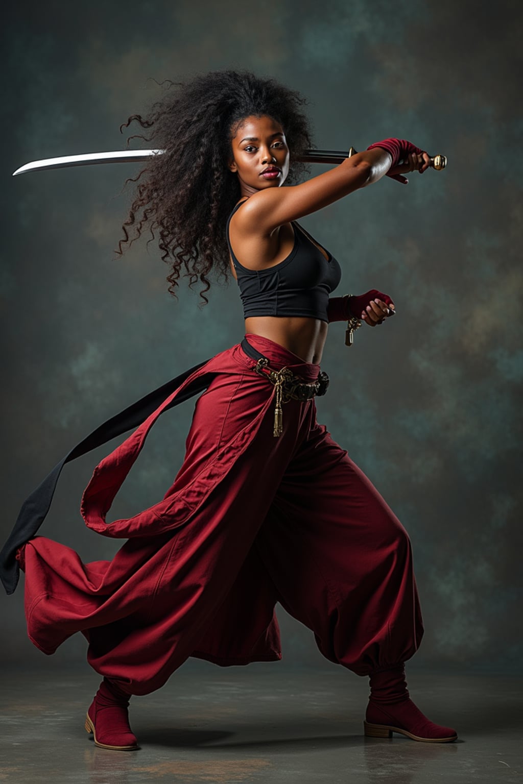 cosplayer woman in a dynamic action pose, wearing a ninja outfit with a katana and flowing sash , studio lights and dramatic backdrop