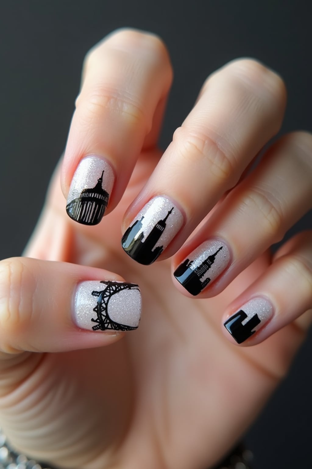 nails with detailed New York skyline silhouette, Empire State Building accent nail, urban aesthetic, professional beauty photography