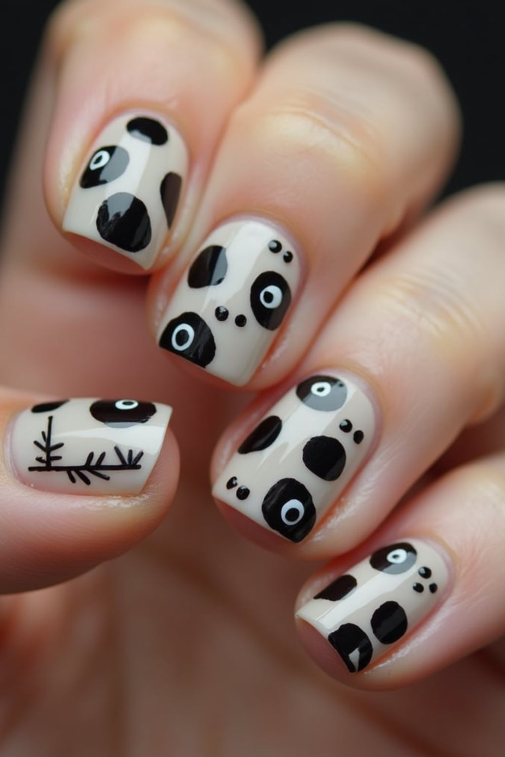 nails with cute panda bear designs, black and white with bamboo accents, playful hand pose, macro photography focus