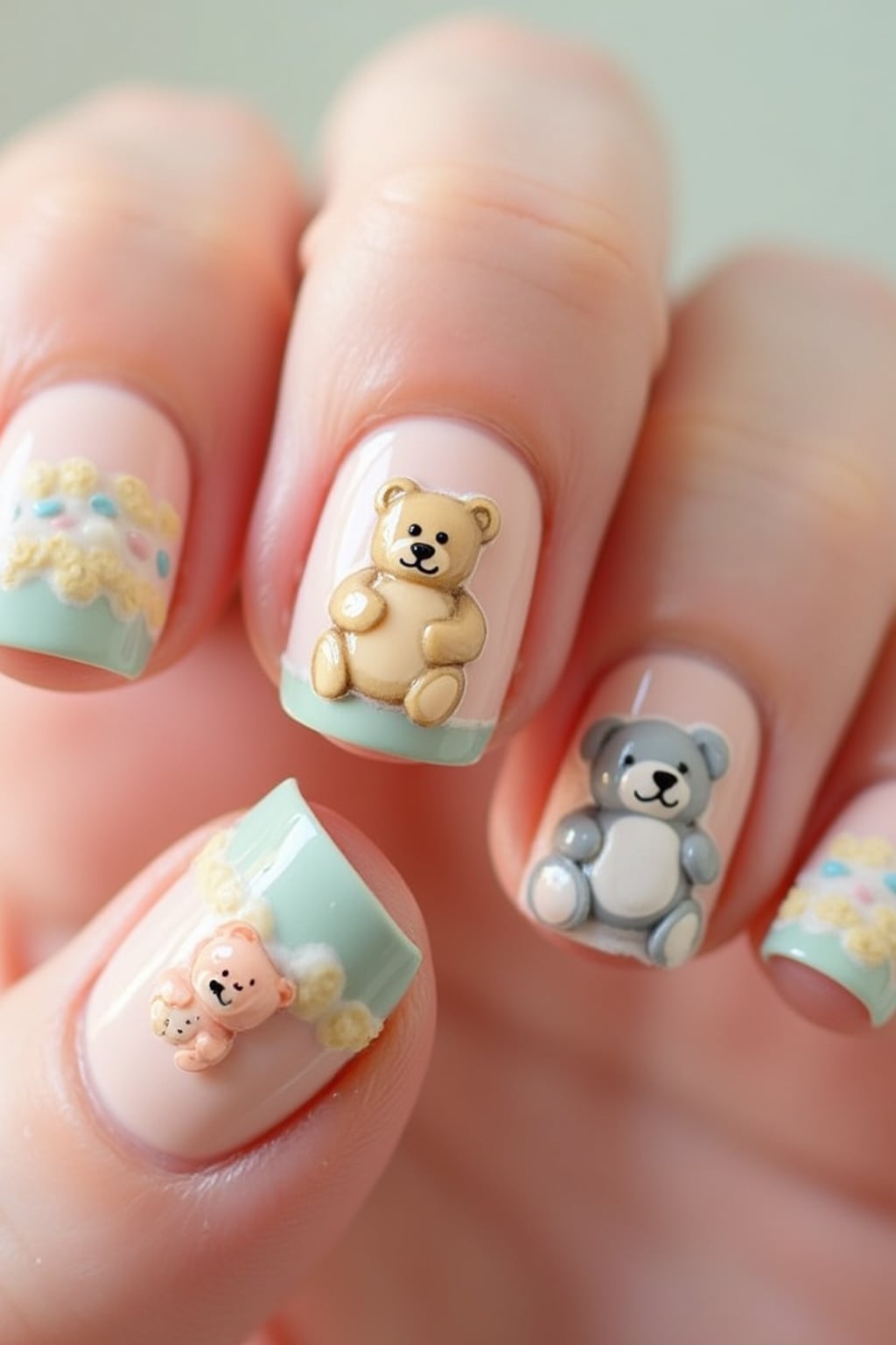 nails with adorable 3D teddy bear art, each nail featuring a different colored bear, soft pastel background, close-up detail shot