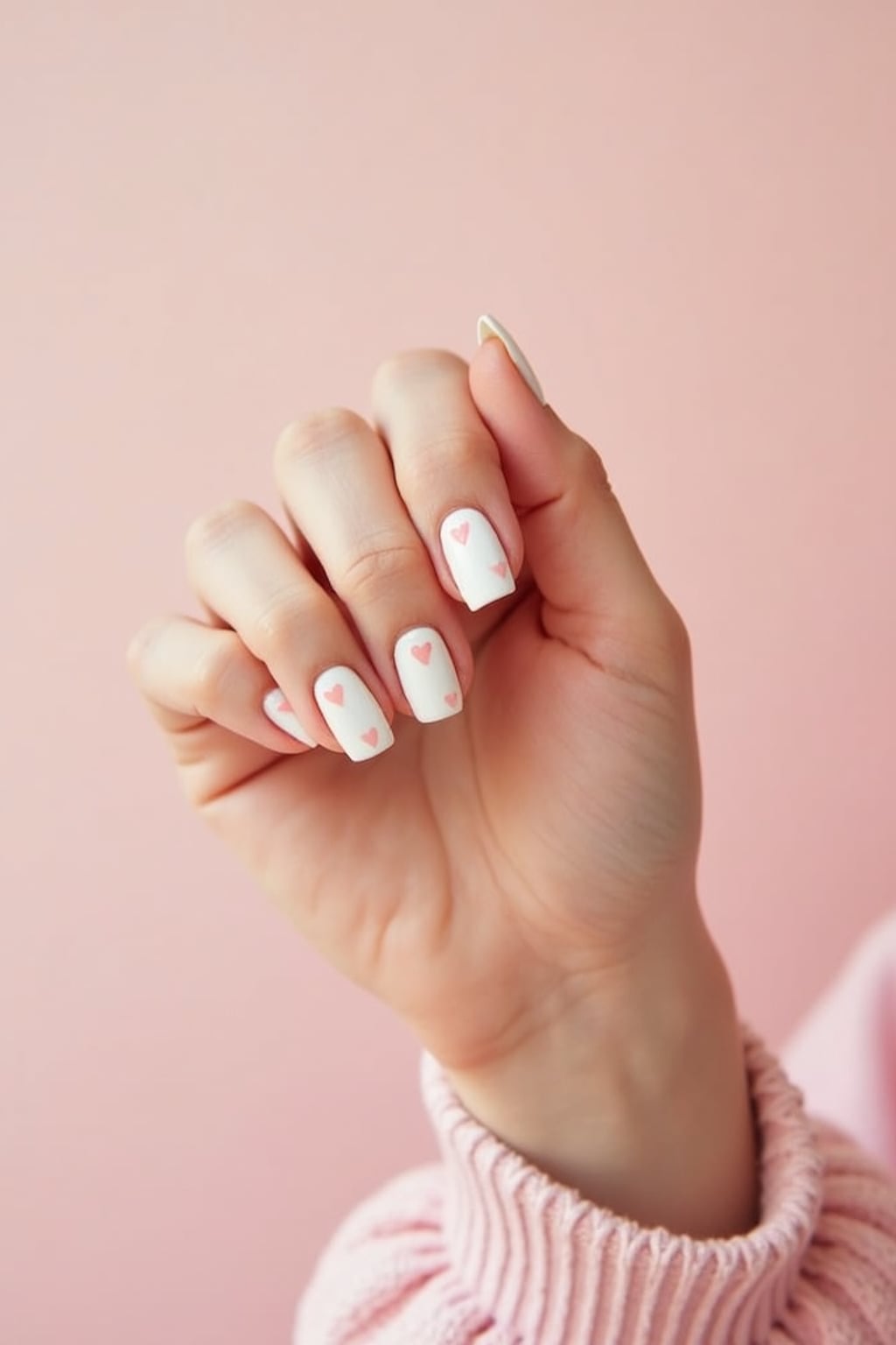 milky white nails with tiny pink hearts, romantic aesthetic, pastel background, cute styling, feminine hand pose, social media-friendly lighting