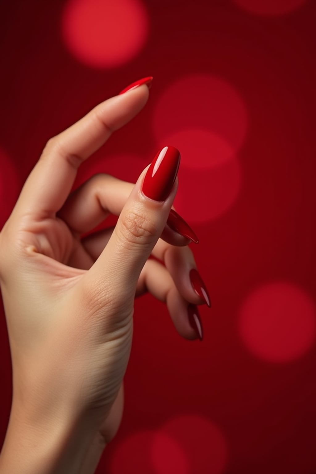 red velvet almond-shaped nails, beauty studio setting, rich red tones, soft bokeh background, posed fingers showcasing nail curve