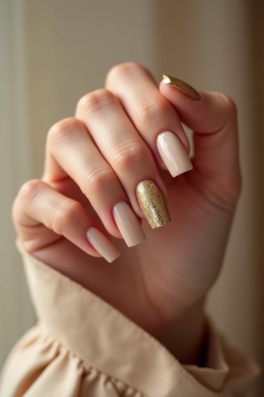 nude base nails with gold foil accents, macro shot, soft focus background, elegant hand pose, editorial-quality beauty photography, luxury vibe