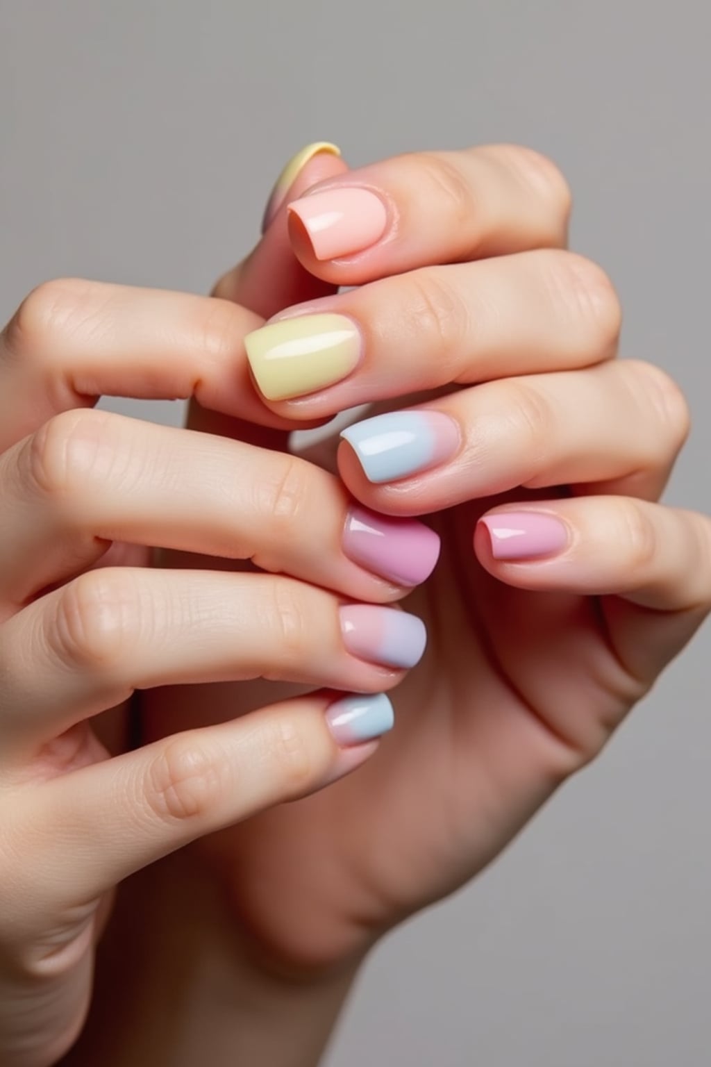 close-up photo of pastel rainbow french tip nails, hands posed gracefully, soft lighting, minimal background, professional beauty photo, high detail, perfect for salon marketing