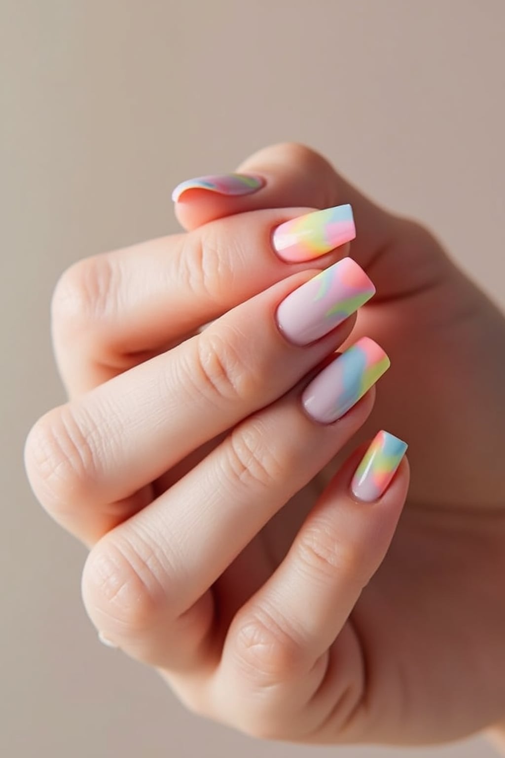 close-up photo of pastel rainbow french tip nails, hands posed gracefully, soft lighting, minimal background, professional beauty photo, high detail, perfect for salon marketing