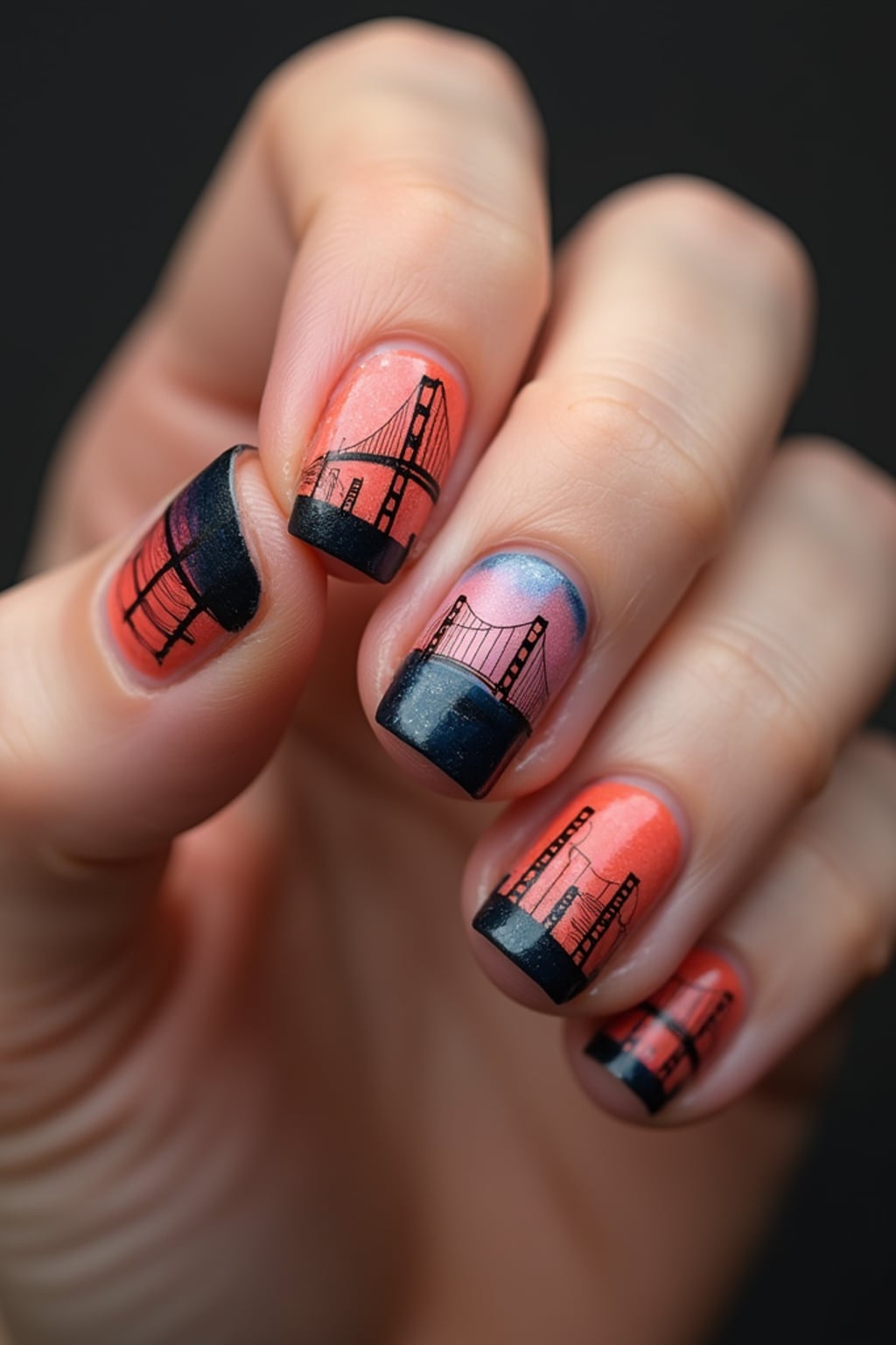 nails with detailed Golden Gate Bridge design, San Francisco skyline at sunset, clean softbox lighting, posed fingers with high gloss