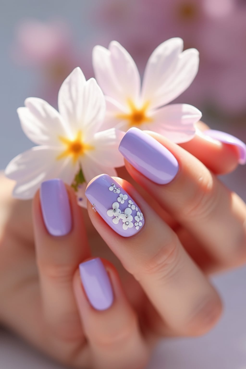 lavender nails with white floral nail art, spring-themed background, soft natural light, close-up of fingers holding a flower, Instagram-ready shot