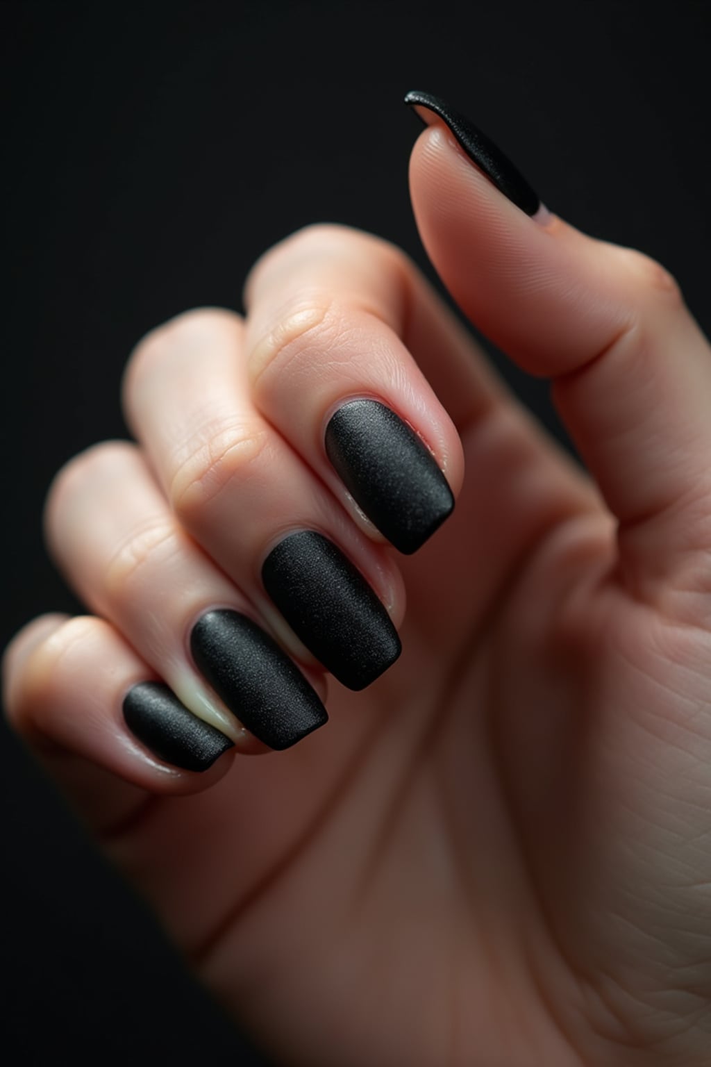 black matte nails with glossy tips, dramatic close-up with contrast lighting, edgy modern styling, professional manicure display