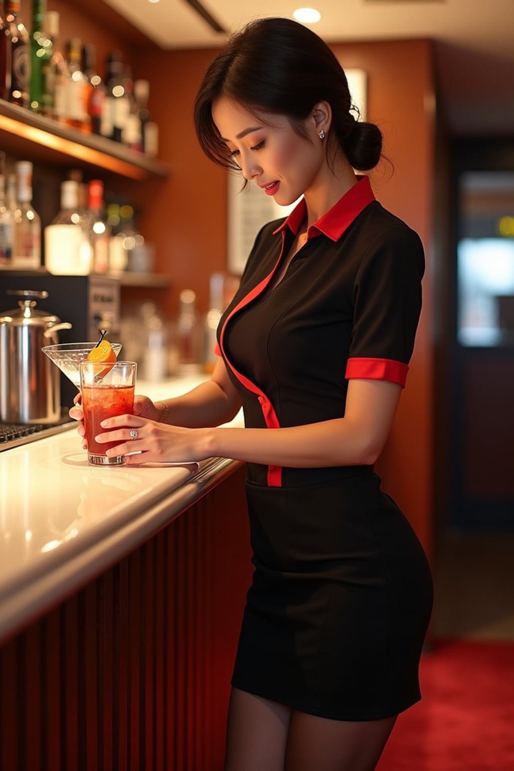 woman as a flight attendant at onboard bar area, wearing a seductive flight attendant uniform with smoky eye makeup, sheer stockings and thigh-high skirt , preparing specialty cocktails for passengers