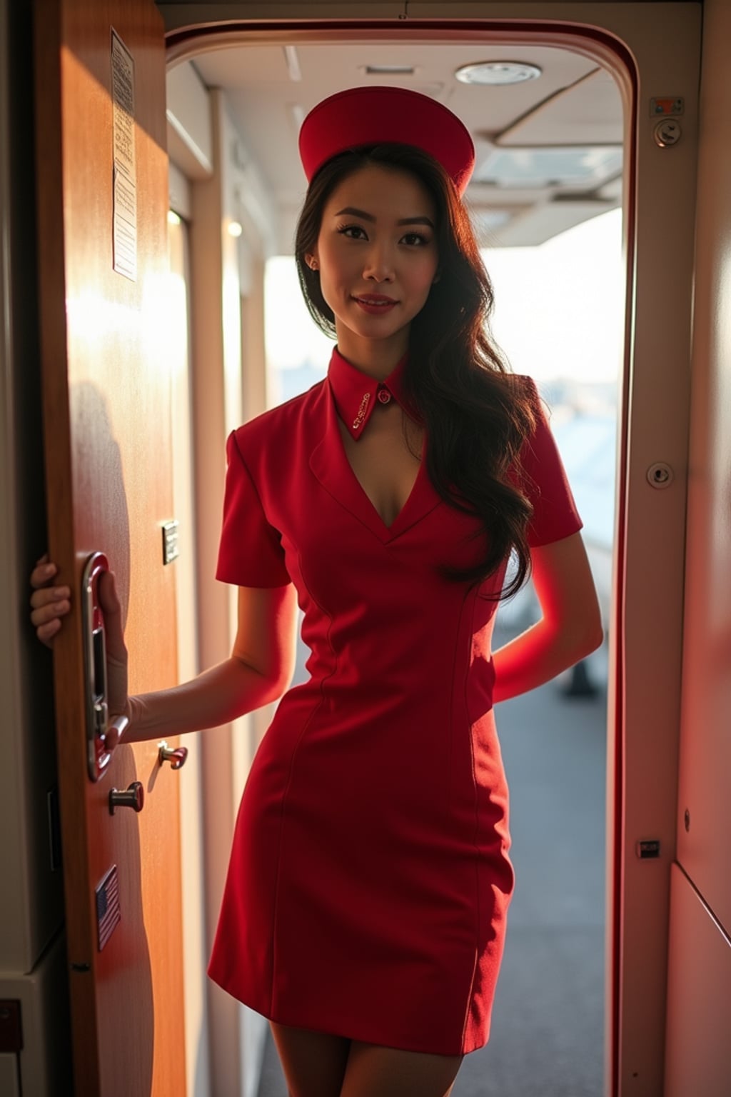 woman as a flight attendant in aircraft doorway, wearing a sexy flight attendant uniform with hat, sheer stockings and thigh-high skirt , greeting passengers during boarding