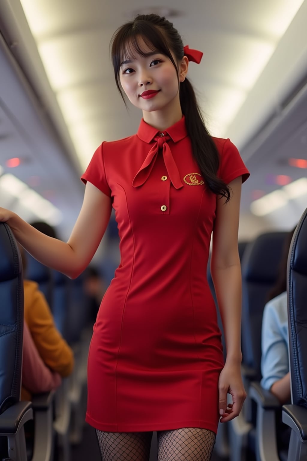 woman as a flight attendant in economy cabin, wearing a figure-flattering flight attendant uniform with neck scarf, fishnet stockings and short skirt , demonstrating emergency exit procedures