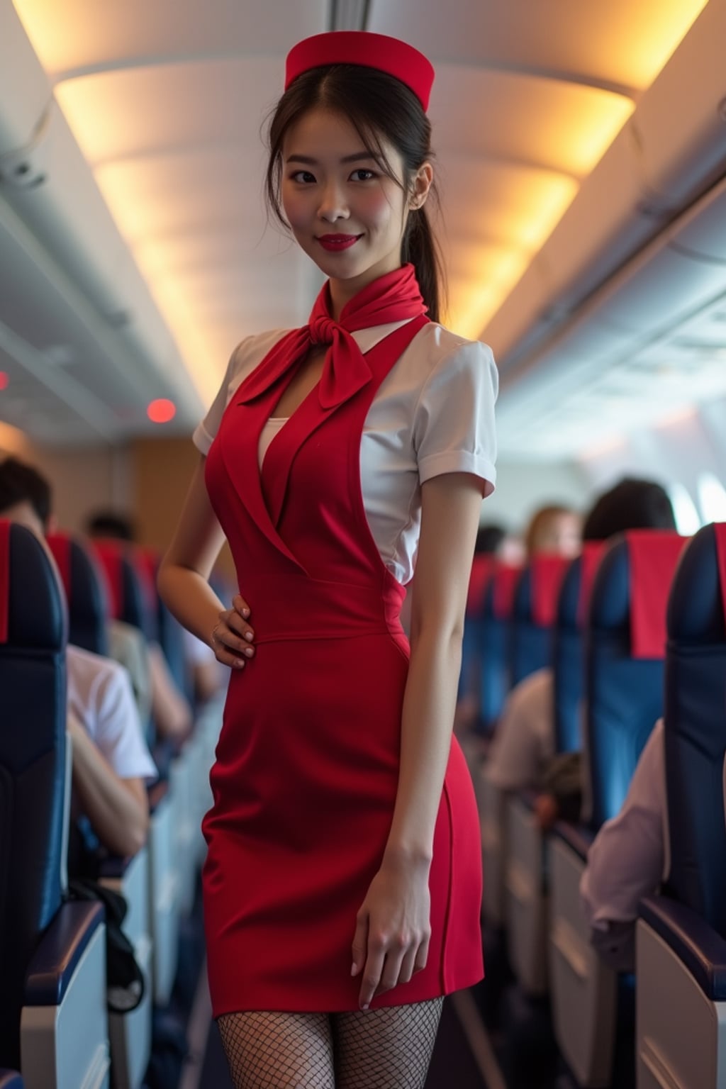 woman as a flight attendant in economy cabin, wearing a figure-flattering flight attendant uniform with neck scarf, fishnet stockings and short skirt , demonstrating emergency exit procedures