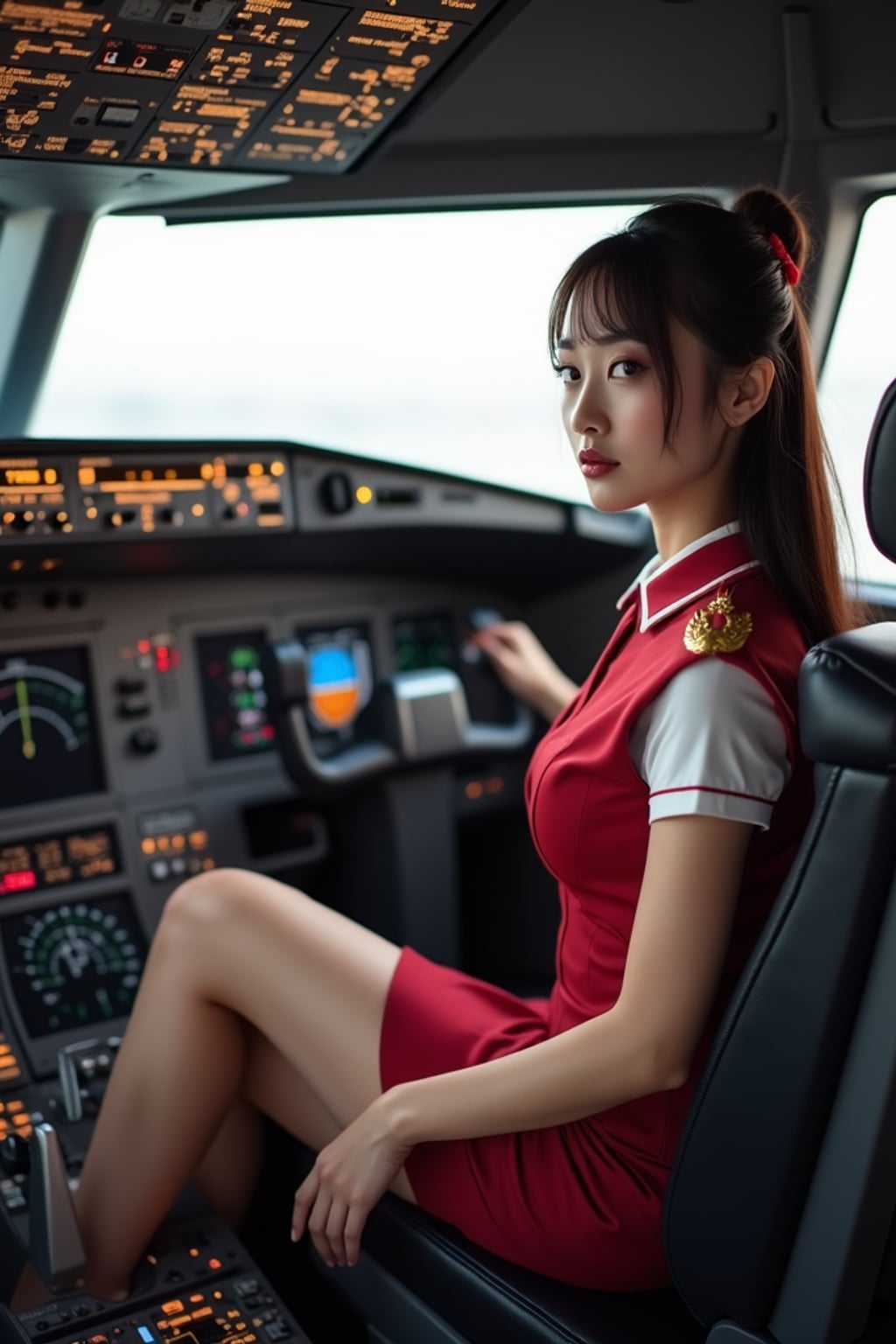 woman as a flight attendant in cockpit, wearing a sexy flight attendant uniform with wings pin, sheer pantyhose and mini skirt , sitting in pilot seat during pre-flight check