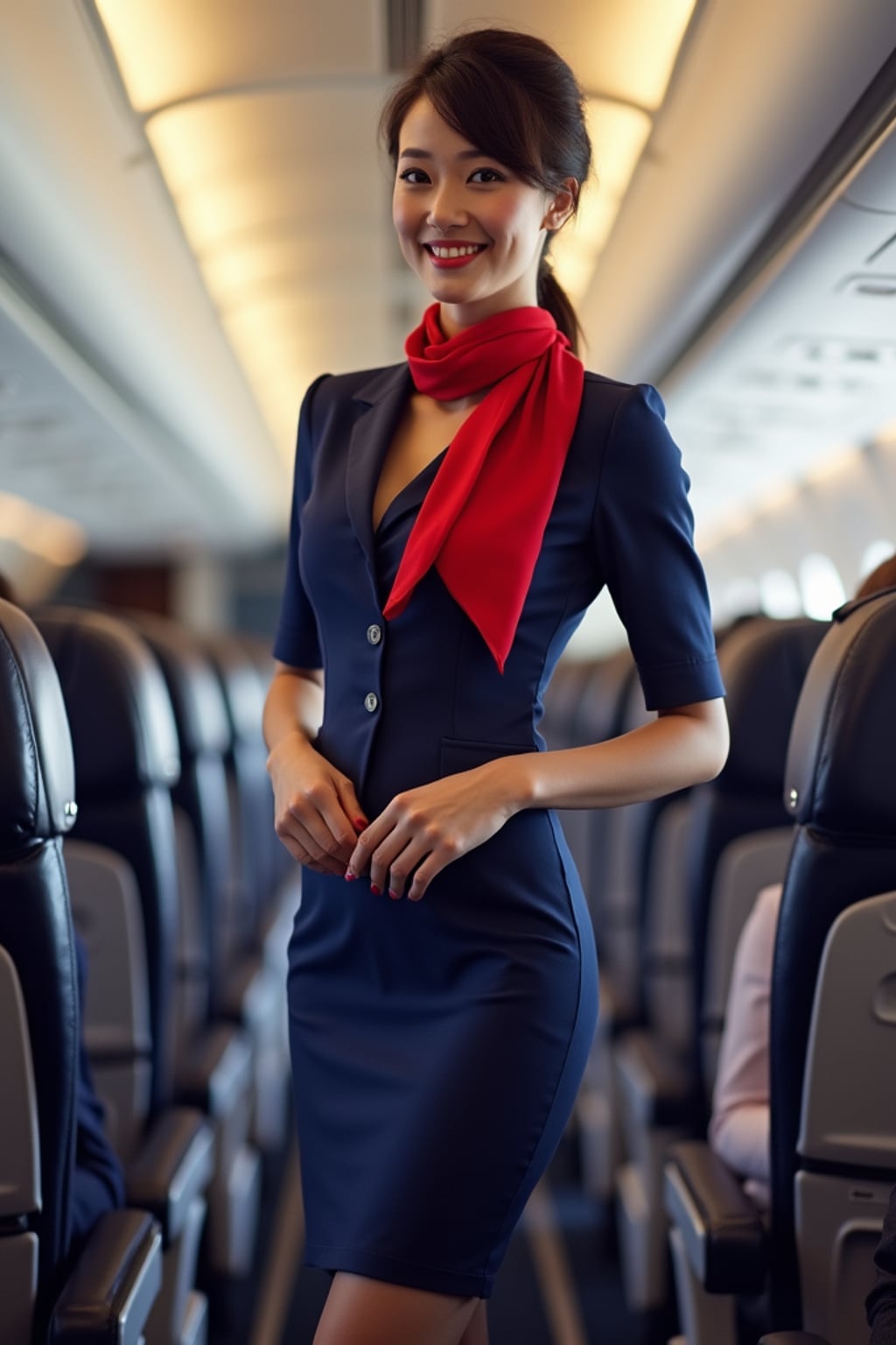 woman as a flight attendant in the airplane cabin, wearing a form-fitting navy blue flight attendant uniform, red silk scarf, sheer pantyhose, short skirt and stiletto heels , seductive smile while serving passengers