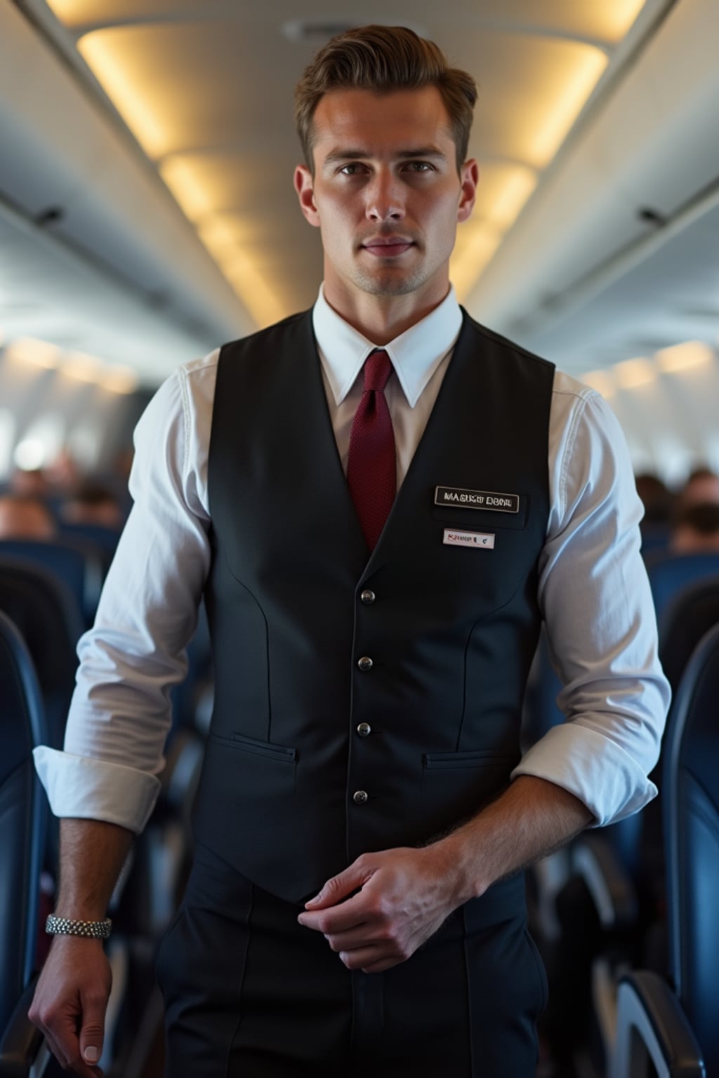 man as a flight attendant in aircraft aisle, wearing  a powerful presence in a professional flight attendant uniform with vest and strong arms, performing cabin checks