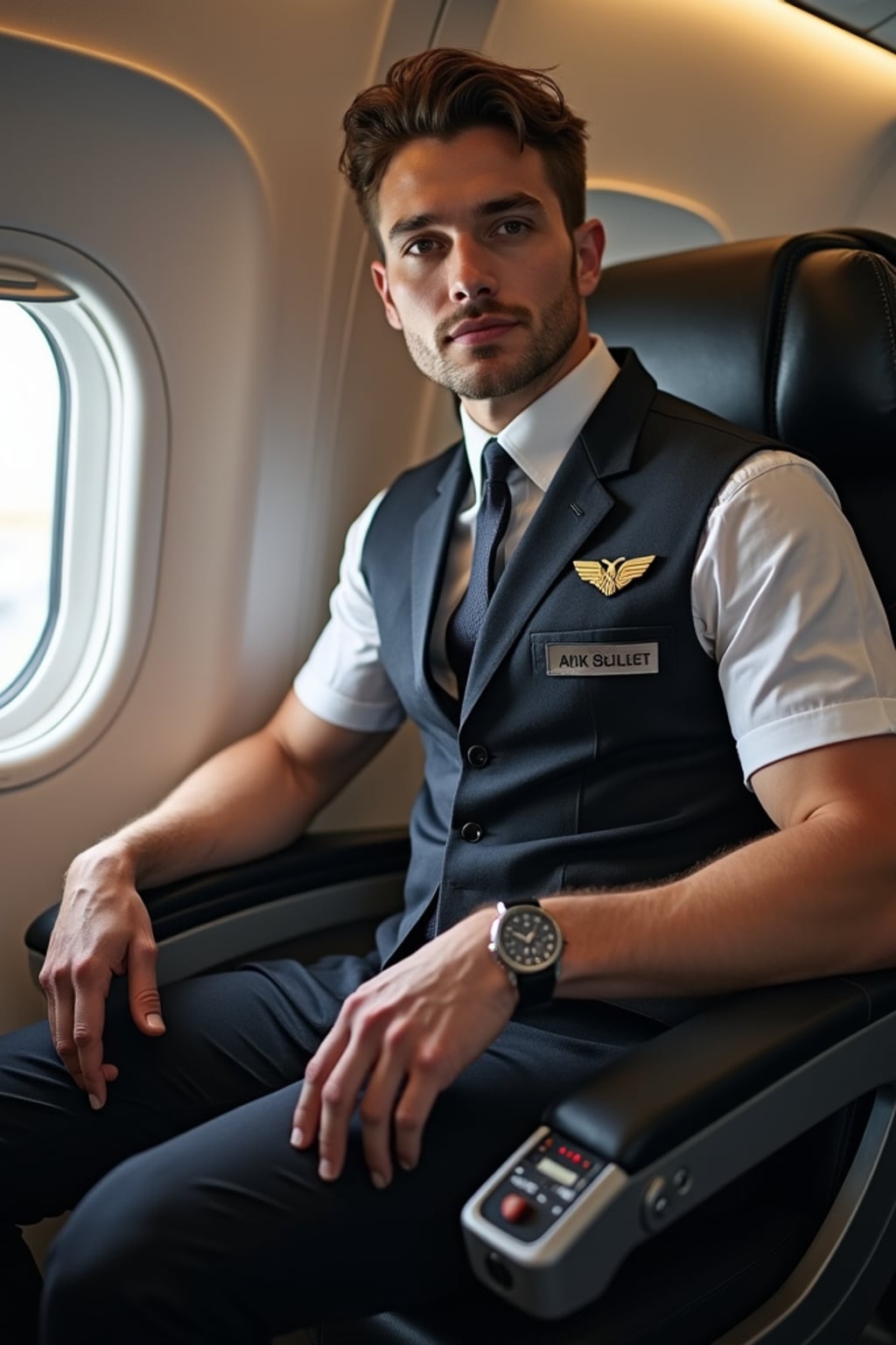 man as a flight attendant in jumpseat, wearing  a commanding presence in a standard flight attendant uniform with seatbelt and muscular frame, preparing for landing
