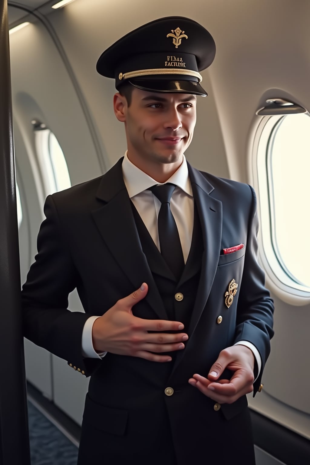 man as a flight attendant in aircraft doorway, wearing  an authoritative presence in a professional flight attendant uniform with cap and broad shoulders, greeting passengers during boarding