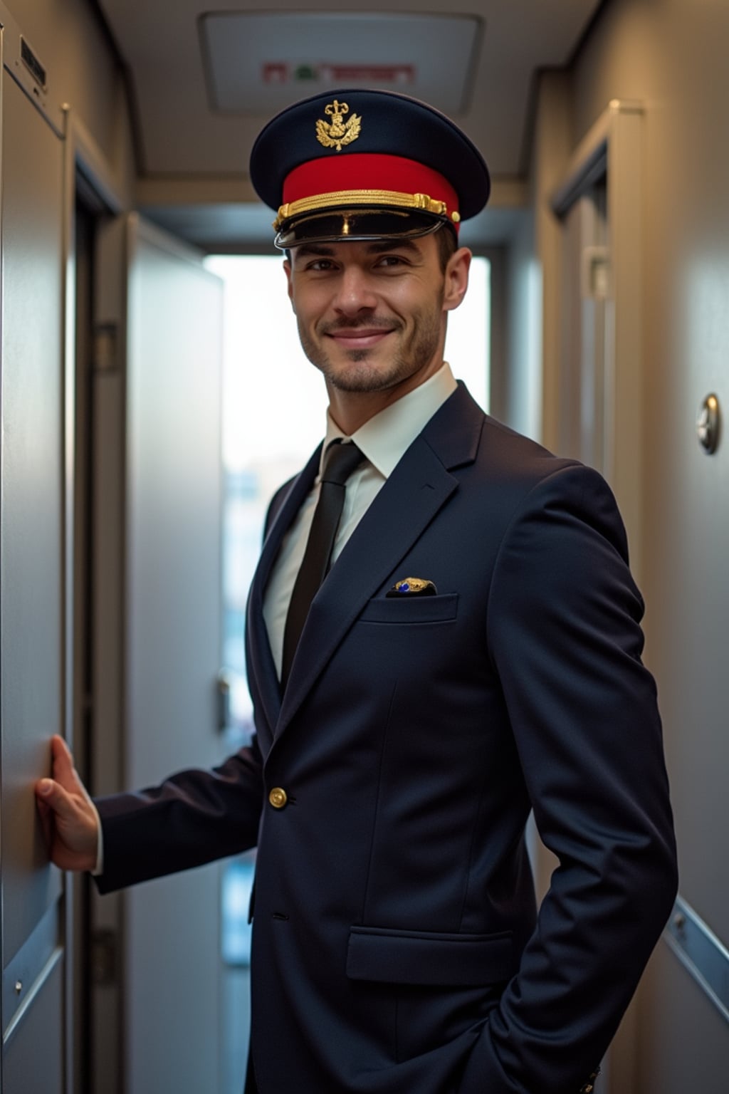man as a flight attendant in aircraft doorway, wearing  an authoritative presence in a professional flight attendant uniform with cap and broad shoulders, greeting passengers during boarding