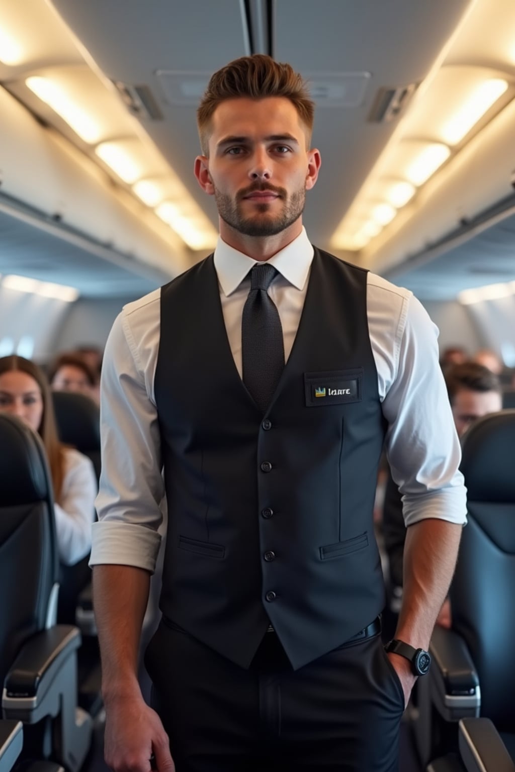 man as a flight attendant in economy cabin, wearing  a dominant presence in a neat flight attendant uniform with tie and muscular build, demonstrating emergency exit procedures