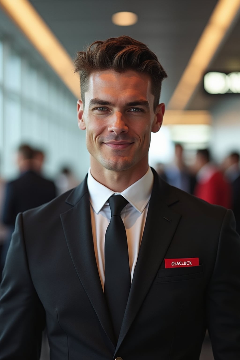 man as a flight attendant at boarding gate, wearing  a commanding presence in a professional flight attendant uniform with groomed appearance and strong jawline, checking boarding passes