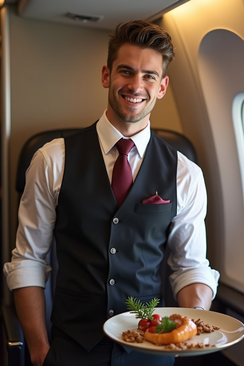 man as a flight attendant in business class, wearing  a powerful presence in a premium flight attendant uniform with vest and broad chest, serving gourmet meals on long-haul flight