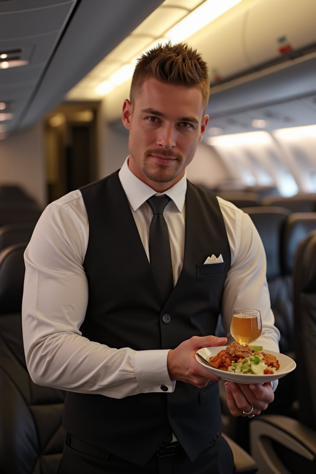 man as a flight attendant in business class, wearing  a powerful presence in a premium flight attendant uniform with vest and broad chest, serving gourmet meals on long-haul flight