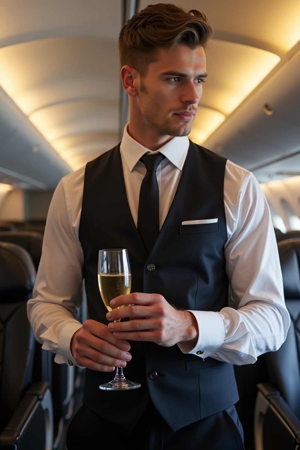 man as a flight attendant in first class cabin, wearing  a dominant presence in a premium flight attendant uniform with vest and tie, broad shoulders, serving champagne to passengers