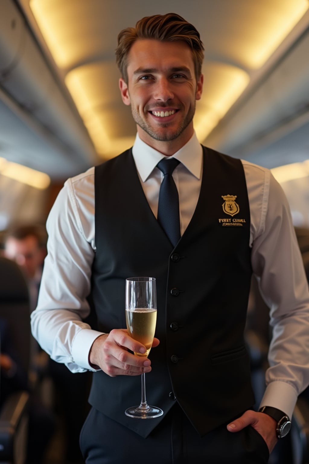 man as a flight attendant in first class cabin, wearing  a dominant presence in a premium flight attendant uniform with vest and tie, broad shoulders, serving champagne to passengers