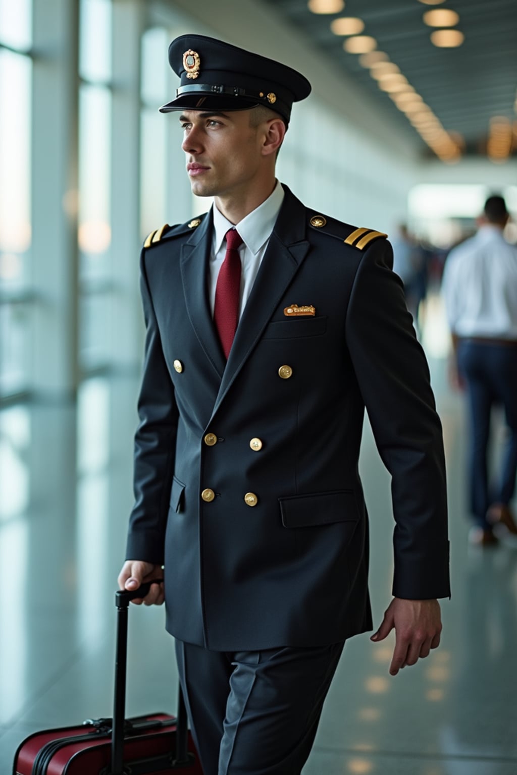man as a flight attendant at airport terminal, wearing  a commanding presence in a sharp flight attendant uniform with cap and broad chest, confidently pulling cabin luggage through international terminal