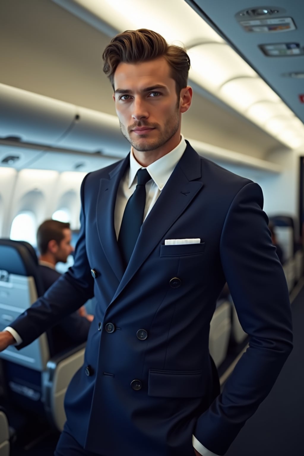man as a flight attendant in the airplane cabin, wearing  a muscular frame in a tailored navy blue flight attendant uniform with broad shoulders and strong arms, seductive smile while serving passengers
