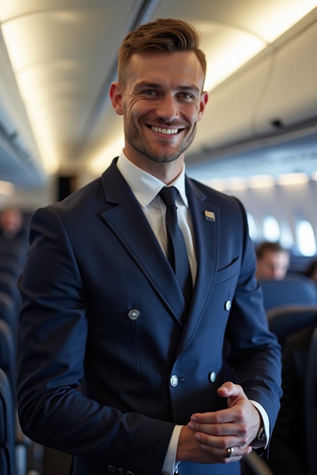 man as a flight attendant in the airplane cabin, wearing  a muscular frame in a tailored navy blue flight attendant uniform with broad shoulders and strong arms, seductive smile while serving passengers