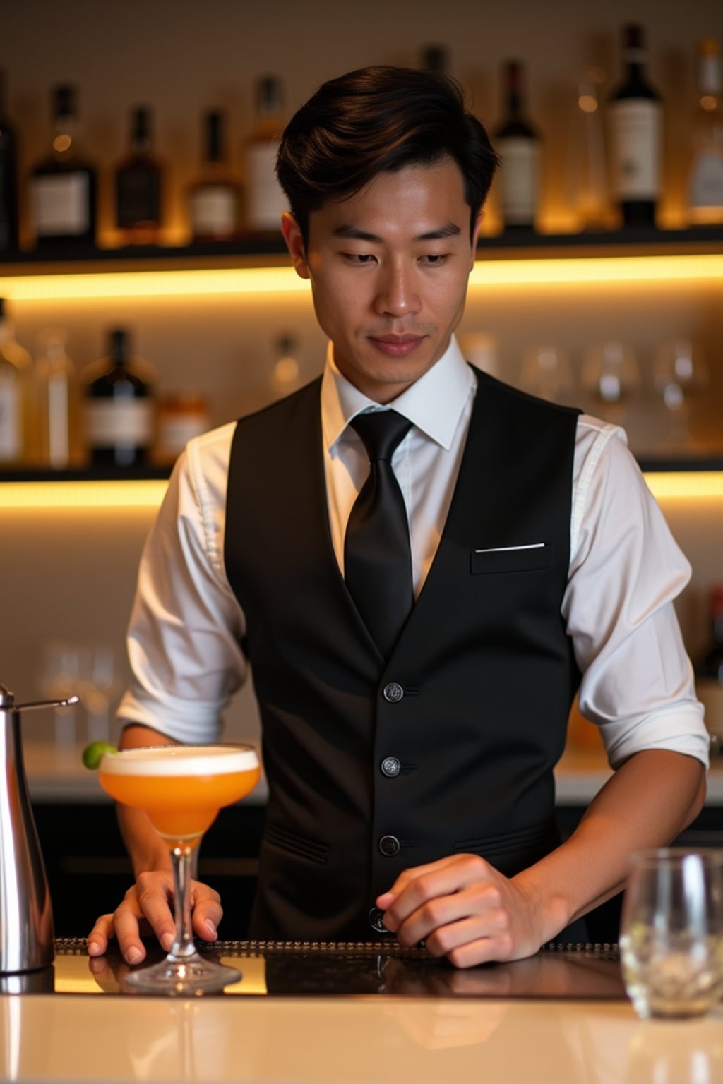 man as a flight attendant at onboard bar area, wearing  a commanding presence in a sophisticated flight attendant uniform with tie and strong jawline, preparing specialty cocktails for passengers