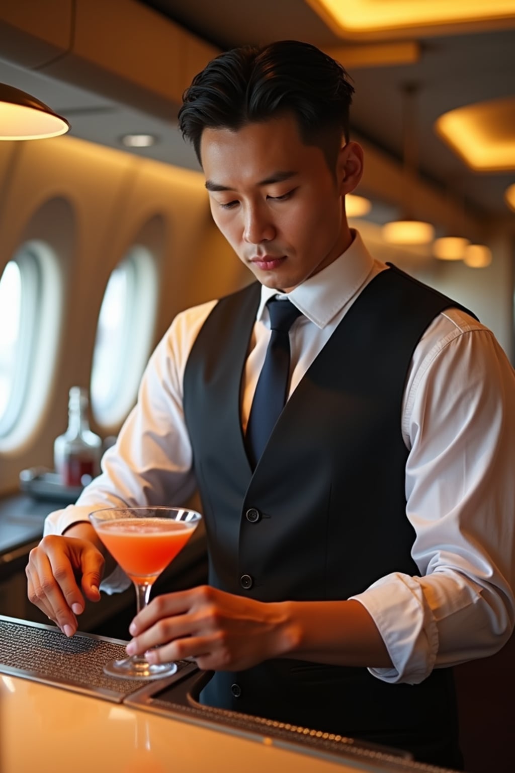 man as a flight attendant at onboard bar area, wearing  a commanding presence in a sophisticated flight attendant uniform with tie and strong jawline, preparing specialty cocktails for passengers