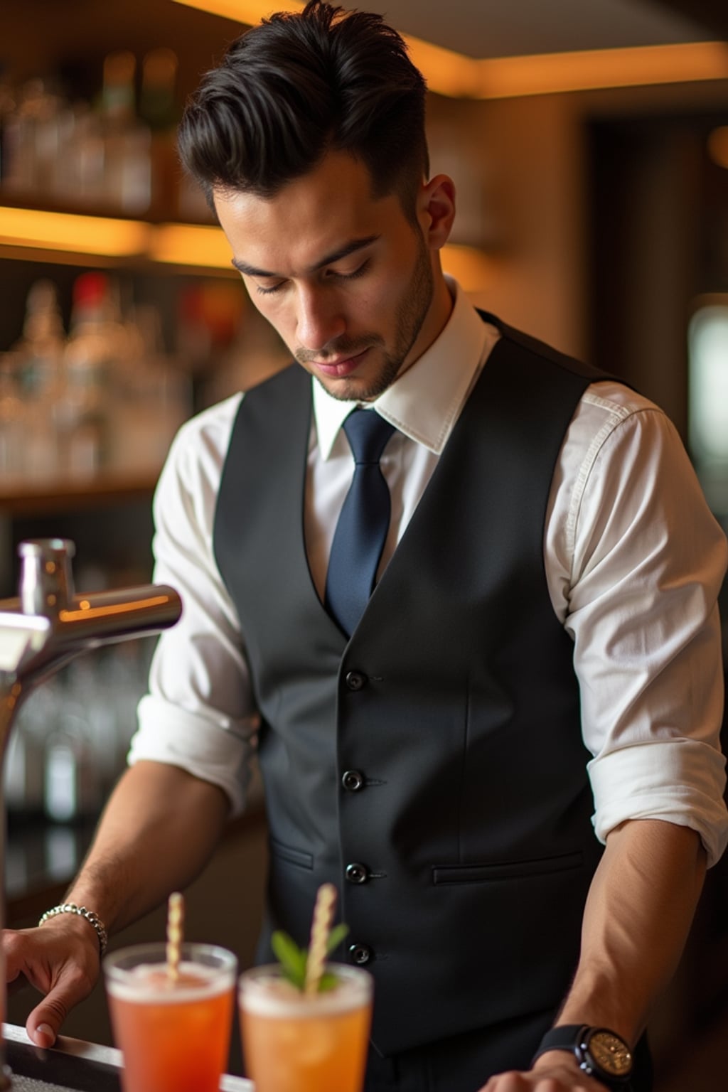 man as a flight attendant at onboard bar area, wearing  a commanding presence in a sophisticated flight attendant uniform with tie and strong jawline, preparing specialty cocktails for passengers