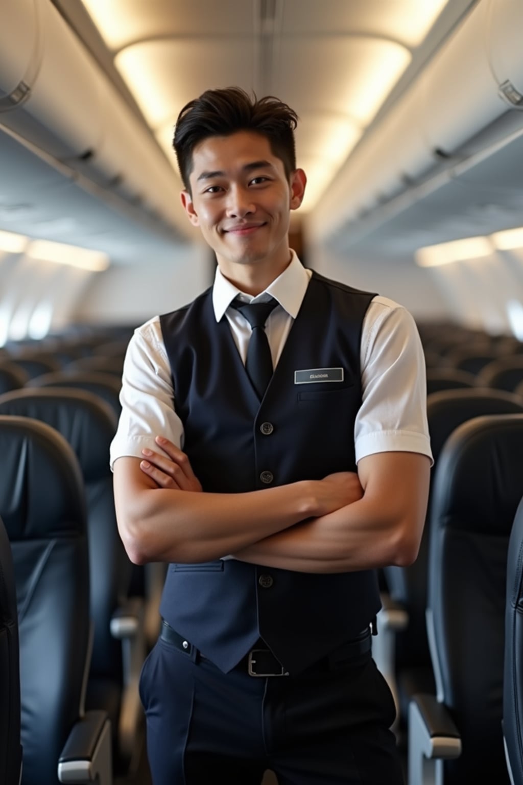man as a flight attendant in aircraft aisle, wearing  a powerful presence in a professional flight attendant uniform with vest and strong arms, performing cabin checks