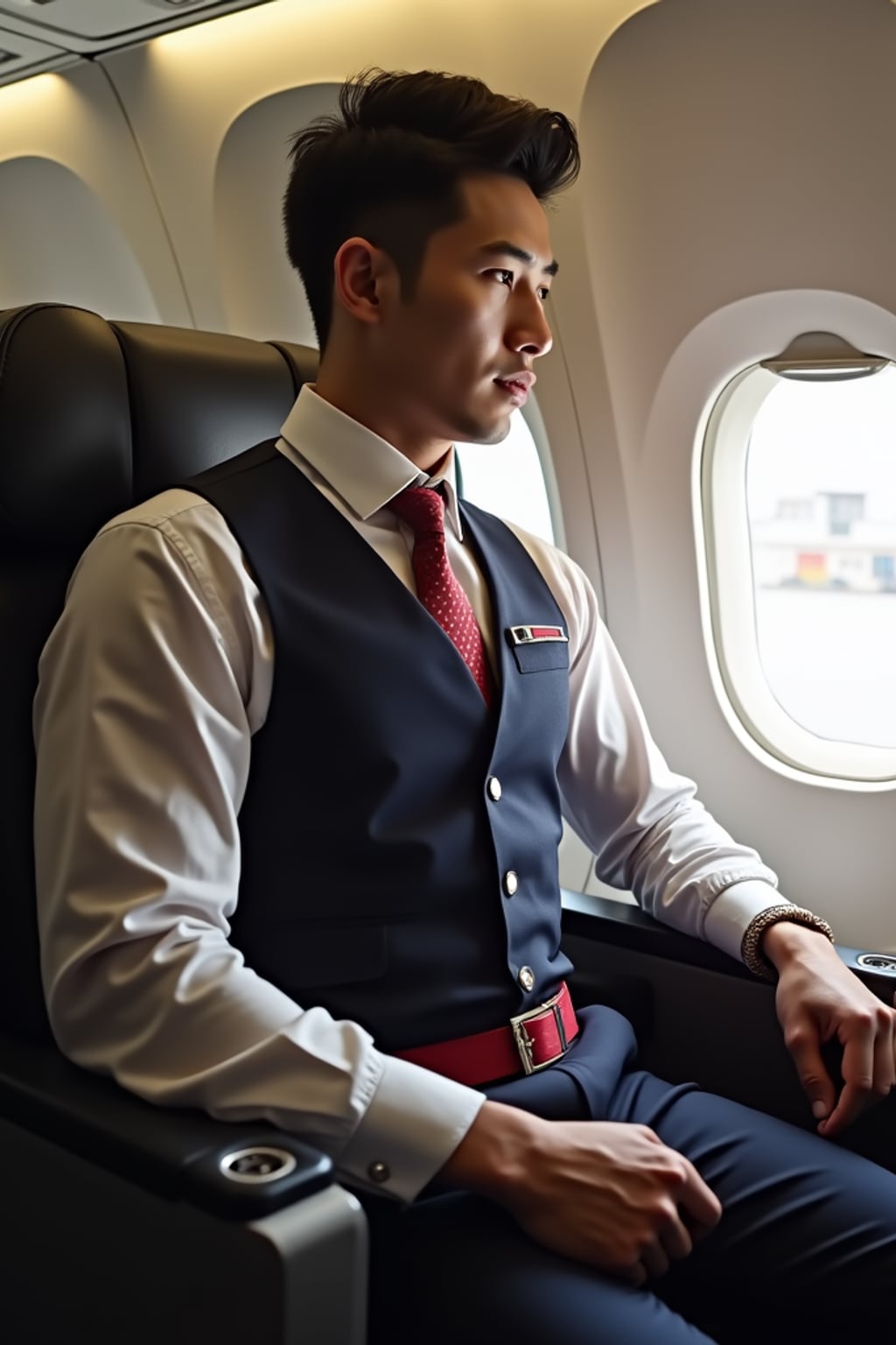 man as a flight attendant in jumpseat, wearing  a commanding presence in a standard flight attendant uniform with seatbelt and muscular frame, preparing for landing