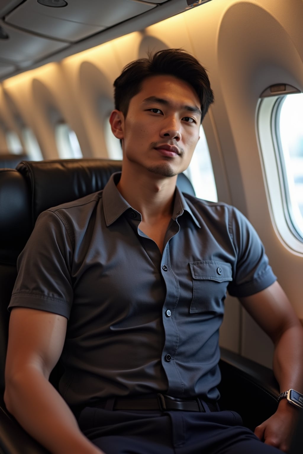 man as a flight attendant in crew rest area, wearing  a powerful presence in a casual version of flight attendant uniform with strong arms, taking a short break during long-haul flight