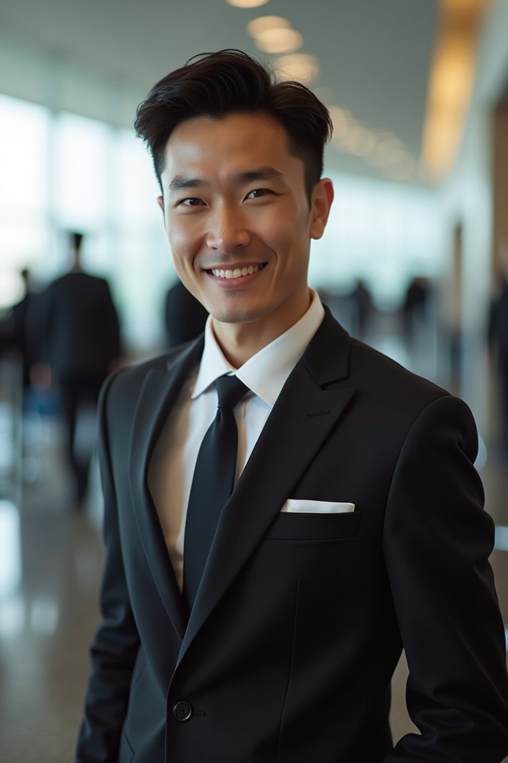 man as a flight attendant at boarding gate, wearing  a commanding presence in a professional flight attendant uniform with groomed appearance and strong jawline, checking boarding passes